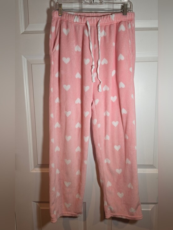 Other - Pink And White Heart-Print Soft Plush Pajama Pants With Pockets L